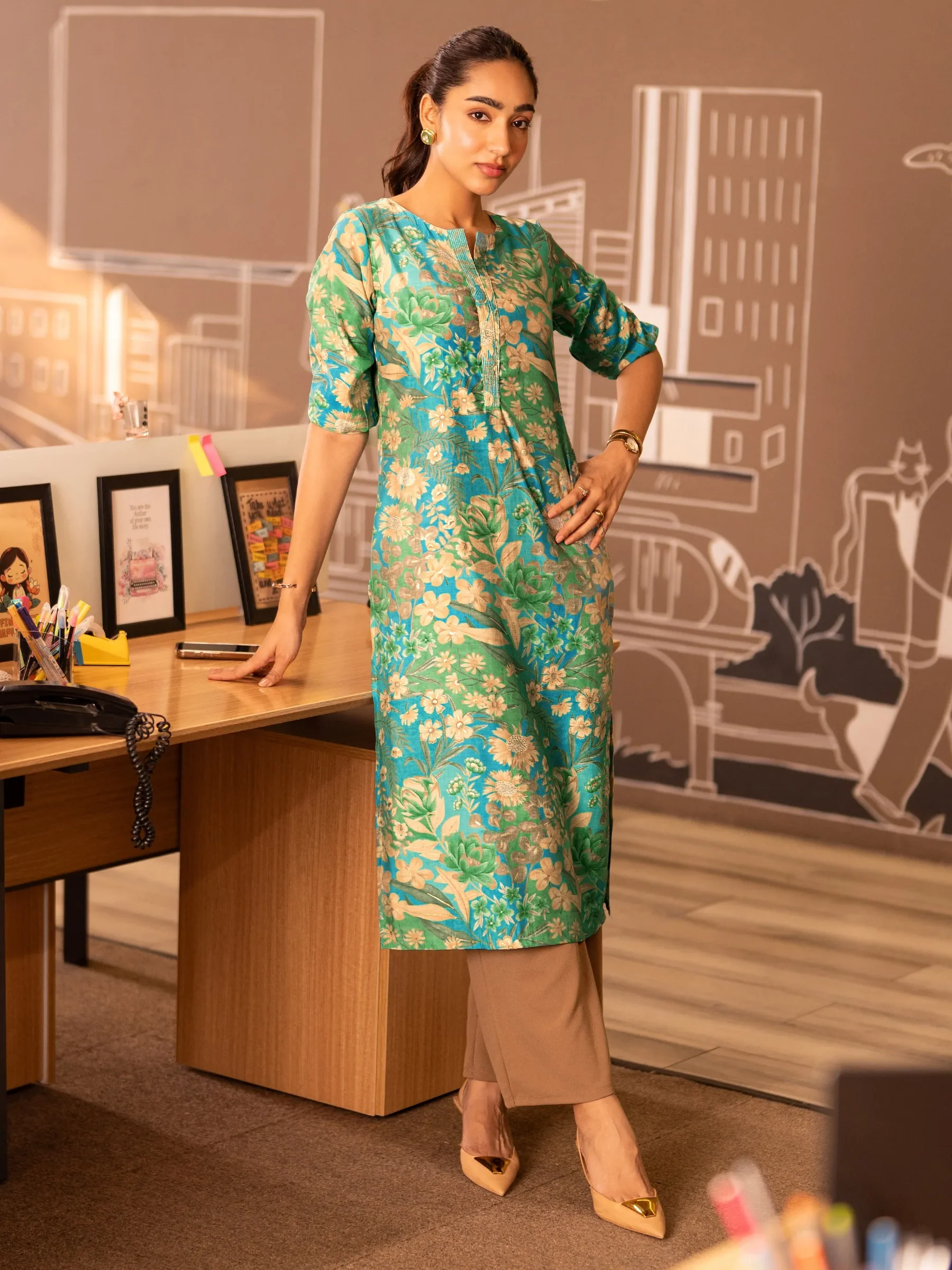 29475O_1Main.webp Blue Printed Silk Blend Straight Kurta - Image 1