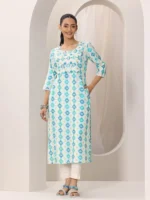 Blue Printed Silk Blend Straight Kurta - Image 4