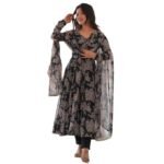 Women's Heavy Pure Soft Georgette Anarkali V-neck Long Sleeve Kurti With Matching Pant and Digital Printed Work Heavy Matching Dupatta Set.