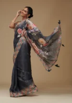 Grey Printed Tissue Saree - Image 3