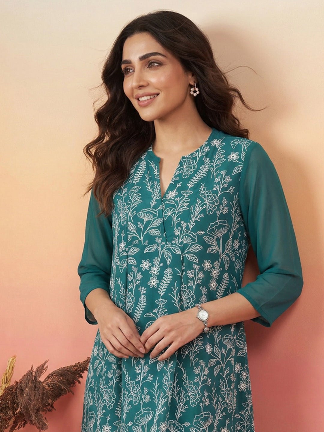JAC26TU03985_1.jpg Teal Green Georgette Floral Rubber Print A-Line Short Kurti - Image 1