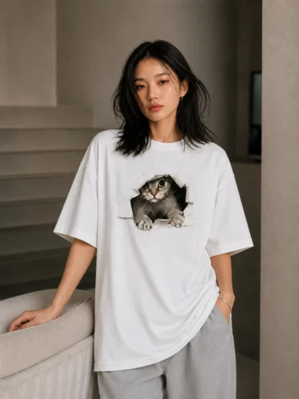 Women Printed Round Neck Cotton Blend White T-Shirt
